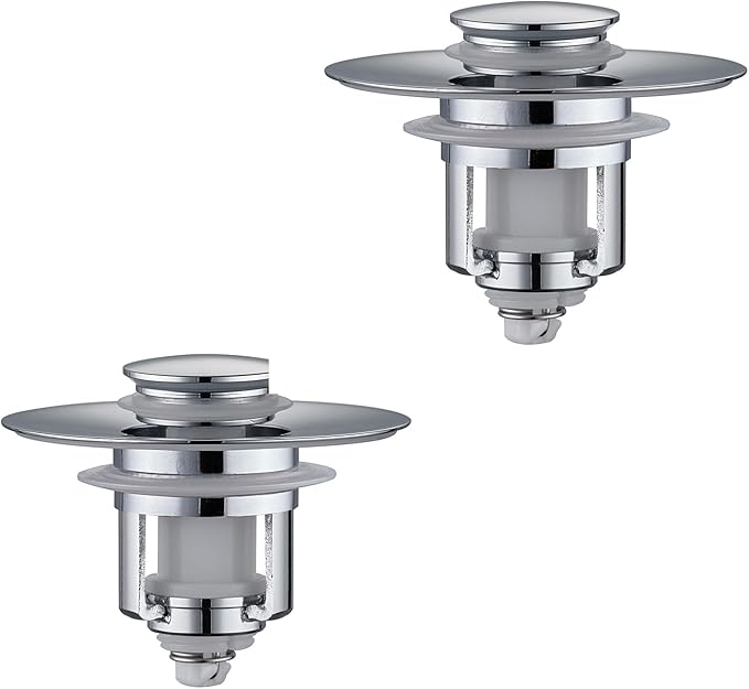 Universal 2 in 1Bathroom Sink Stopper, 2 Pack Pop Up Bathroom Sink Drain Strainer for 1.06"-1.65" Basin Drain Holes, Anti Clogging Drain Filter(Chrome Silver)