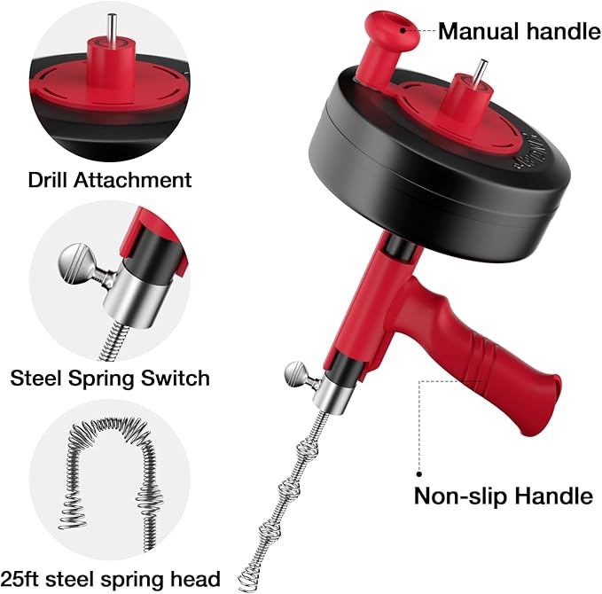 Drain Snake, 25ft Flexible Steel Drain Auger With Drill Adapter, Plumbing Unblocking Hand Auger, Manual Or Powered for Shower & Bathtub Clogs-No auto retract or feed