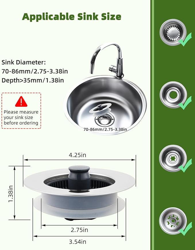 Universal 2PCS Kitchen Sink Strainer Stopper Combo, 3 in 1 Pop Up Kitchen Sink Stopper with Chrome Stainless Steel Wraped Shell for US Standard 3-1/2 inch Drain Filter, Anti-Clog