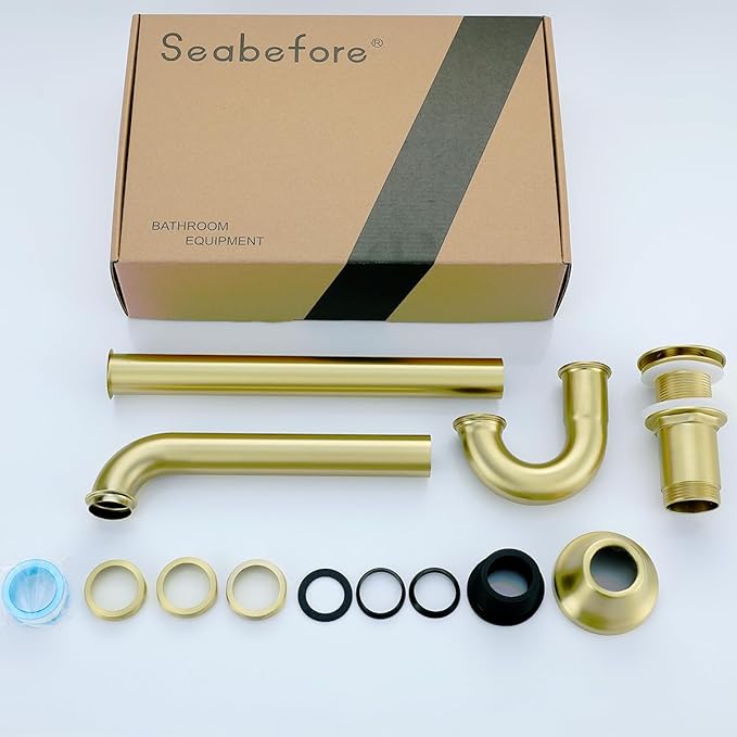 Brass P Trap with Pop Up Drain Stopper,U-Shape 1 1/4 Slip Joint Extension Tub Sink Drain Pipe,12 inch Pipe length Adjustable Height Sink Waste Trap Drain Kit,Without Overflow,Brushed Gold