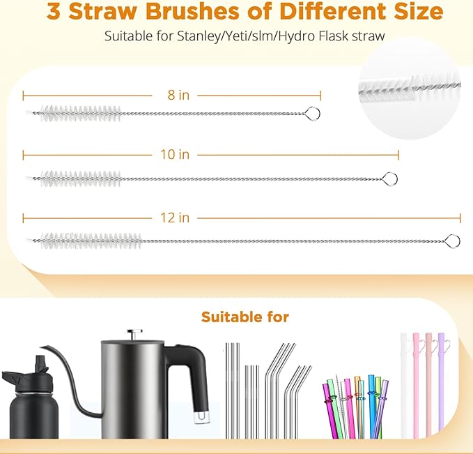 OUTXE 6 Pack Bottle Brush Set, 5-in-1 Water Bottle Cleaner Brush, 14" Long Handle Bottle Cleaning Brush, 3 Straw Brush, Removable Nipple Detail Brush for Cup Lid Gap, with Replecement Sponge