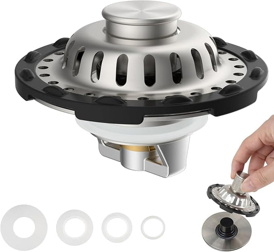 Universal Bathtub Drain Stopper Shower Hair Catcher Bathroom Sink Strainer, Tub Stopper with Visible Top Strainer, Brass Metal 3 in 1 Pop-up Stopper for Standard 1.1''~2.36'' Hole, Brushed Nickel