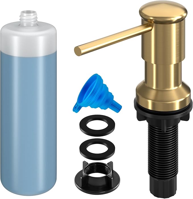 Dish Soap Dispenser, Kitchen Sink Soap Dispenser Pump with 17 OZ Bottle, Refill from The Top, Wide Pump Head Base (Golden)