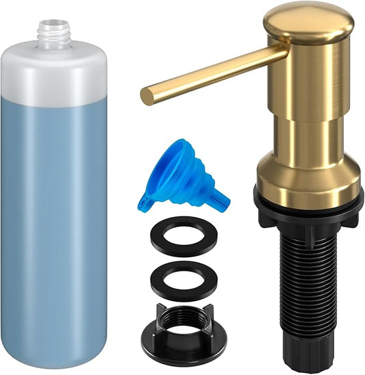 Dish Soap Dispenser, Kitchen Sink Soap Dispenser Pump with 17 OZ Bottle, Refill from The Top, Wide Pump Head Base (Golden)