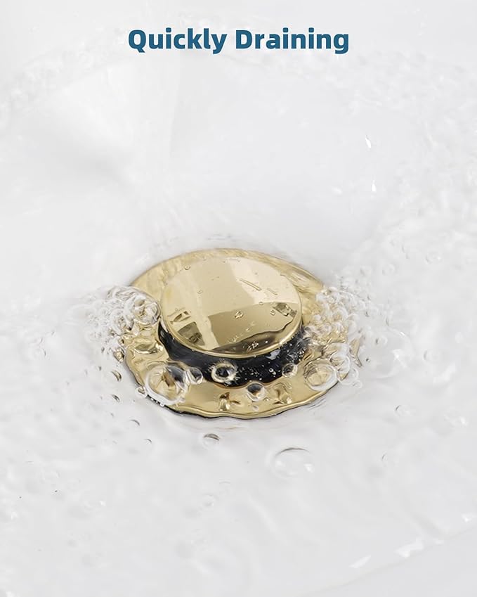 Bathroom Sink Drain with Lift Rod, Pop Up Sink Drain with Overflow, Universal Fit, Brushed Gold Drain Stopper for Vessel Sink, Assembly for Bathroom Faucet