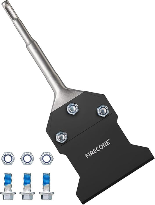 SDS Plus Floor Scraper with Spare Bolts and Nuts, Firecore 4 Inch x 10 Inch Rustproof Tile Removal Tool Thinset Remover Chisel Bits for Rotary Hammer Drill, Flooring Adhesives Remover FS23410B