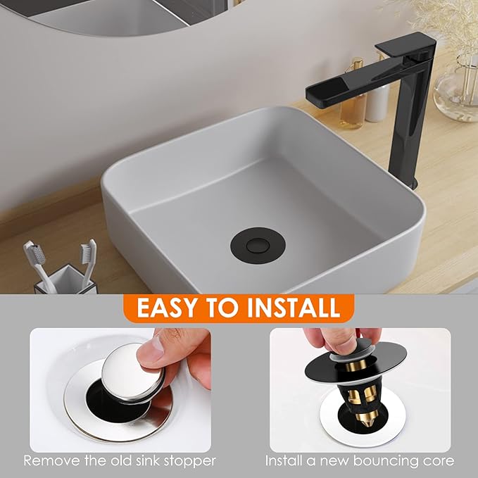 Universal Bathroom Sink Stopper, Basin Pop-up Bathroom Sink Drain Strainer, Bathroom Drain Stopper with Stainless Steel Hair Catcher for 1.1-1.5 Inch Drain(1 PCS, Black)