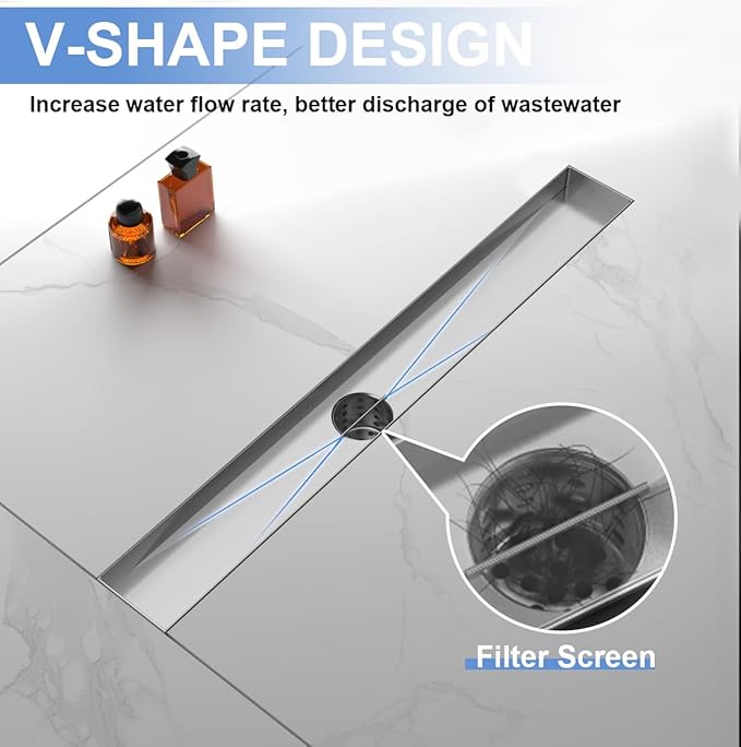 24-Inch Linear Shower Drain with Tile Insert Grate, SUS 304 Stainless Steel Linear Drain, Brushed Nickel Long Rectangle Shower Floor Drain with Leveling Feet, Hair Strainer, Fits Bathroom