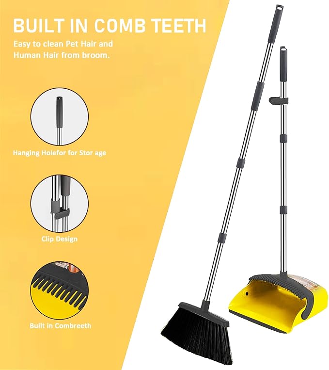 Upgraded Broom and Dustpan， with 52" Long Handle, Dustpan Teeth with self-Cleaning Function, Indoor and Outdoor Sweeping, Perfect for Home Office