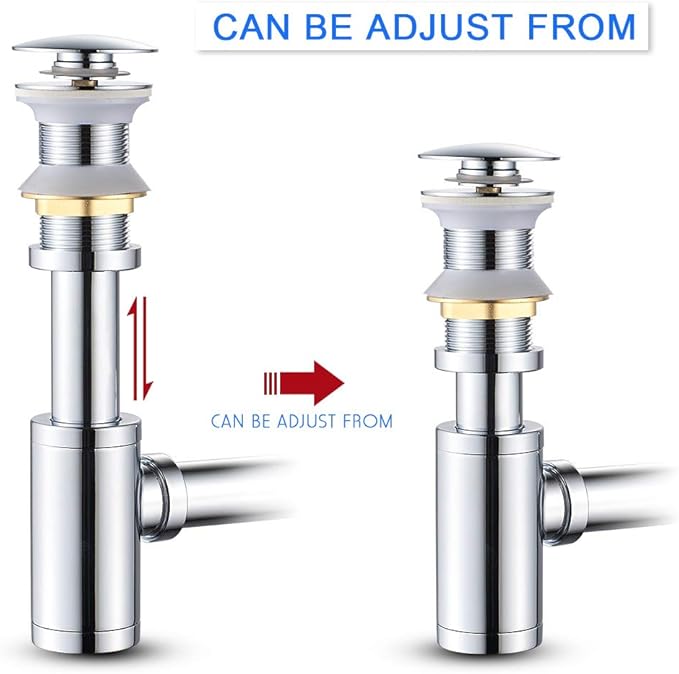 MENATT Round P-Trap Waste Pipe Kit Assembly, Bottle Trap Deodorant Type with 1 1/4" Pop-up Drain Stopper without overflow, Bathroom Sink Siphon Drainer Plumbing Tube Chrome Finished