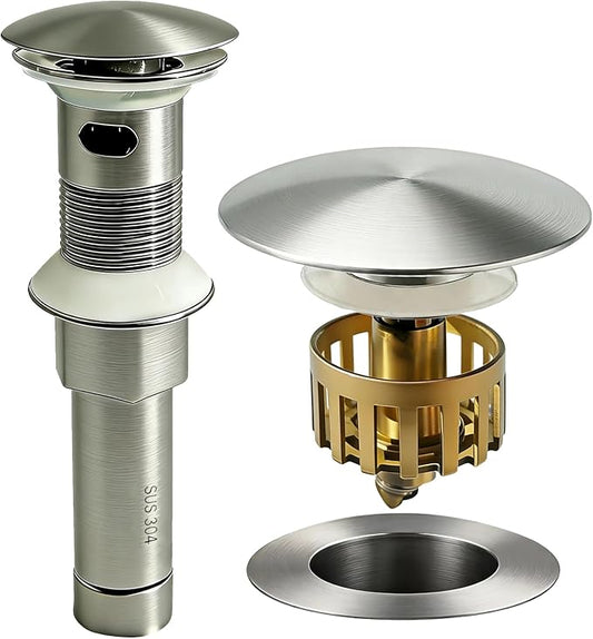 Bathroom Sink Drain, with Overflow, Pop up Sink Drain Stopper with Strainer Plug for Vessel Sink Lavatory Vanity, SUS 304 Stainless Steel, Brushed Nickel