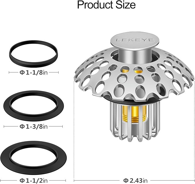 LEKEYE Bathroom Sink Stopper | Shower Drain Hair Catcher | Pop Up Sink Drain Plug | Bathroom Sink Drain Strainer for 1-1/8"to 1-3/8" to 1-1/2" Drain Holes- Pearl Chrome