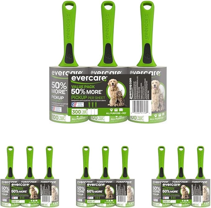 Evercare Pet Hair Lint Rollers All Purpose Use 100 Easy-Tear Sheets Per Roll Reusable Sticky Roller Pets Cat & Dog Hair Remover Contoured Handle for Furniture Clothing & Cars, Green (Pack of 12)