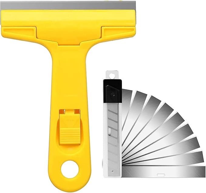 Razor Blade Scraper, 4" Scraper Tool with 10 Extra Replacement Metal Blades, Razor Scraper Remover for Cleaning Paint, Caulk, Adhesive, Label, Decal, Sticker from Window, Glass, Tile, Floor, Stove Top