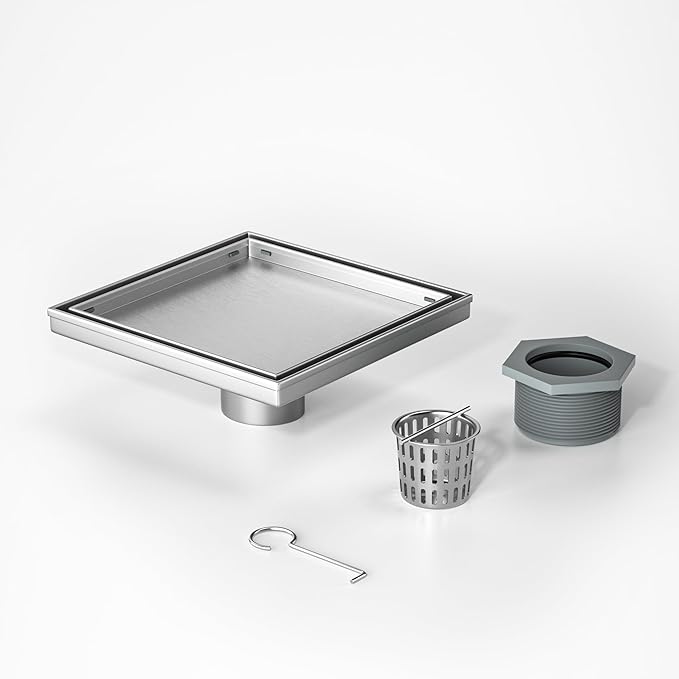 Square Shower Drain 8", Brushed Floor Drain with Tiled Insert Grate & Hair Strainer, 304 Stainless Steel Bathroom 2-in-1 Tiled in Drain, CUPC Certified (Brushed, 8'')