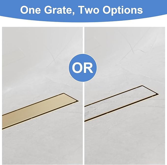 12-Inch Linear Shower Drain with Tile Insert Grate, SUS 304 Stainless Steel Linear Drain, Brushed Gold Long Rectangle Shower Floor Drain with Leveling Feet, Hair Strainer, Fits Bathroom
