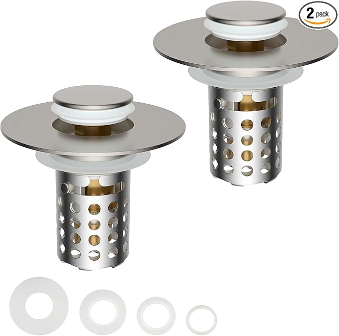 Universal Bathroom Sink Drain Strainer Hair Catcher 2PCS Upgraded with Removable Stainless Steel Filter Basket, 3 in 1 Pop Up Sink Stopper for 1.1''~2.36'' Sink Basin Hole, Brushed Nickel