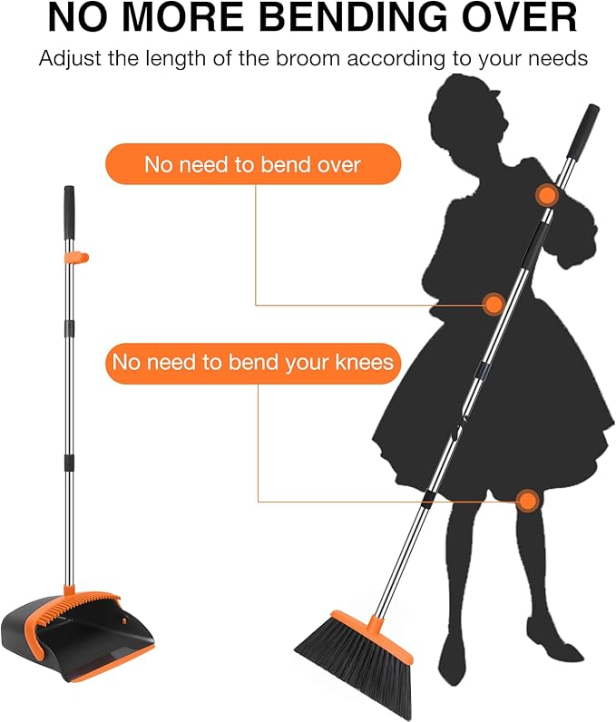 NACENA Broom and Dustpan Set, 52-in Long Adjustable Handle Broom Dustpan Combo with Dust pan Teeth to Automatically Clean Hair Suitable for Home Kitchen Office Hall Floor (Black&Orange), 2 Pack