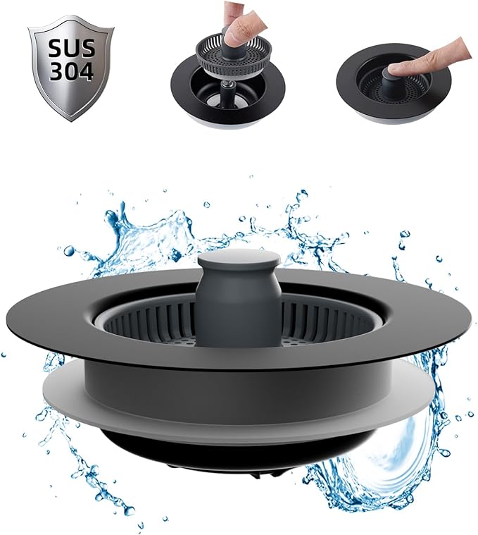 Hibbent Upgraded 3 in 1 Kitchen Sink Drain Strainer and Stopper Combo, Stainless Steel Metal Pop Up Sink Stopper, Anti-Clogging Basket Strainer with Handle for US Standard 3-1/2 Inch Drain, Black