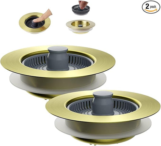 Hibbent 2 Pack Upgraded 3 in 1 Kitchen Sink Drain Strainer and Stopper Combo, Stainless Steel Metal Pop Up Sink Stopper, Anti-Clogging Basket Strainer for US Standard 3-1/2 Inch Drain, Brushed Gold