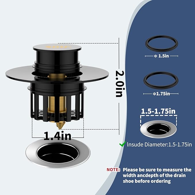 Universal 2 in 1 Bathtub Drain Stopper Bathtub Drain Hair Catcher，Pop-up Tub Stopper with Effective Filter Basket, Anti-Clogging Bathtub Drain Plug Bath Tub Stoppers for 1-1/2 to 1-3/4"" (Black)
