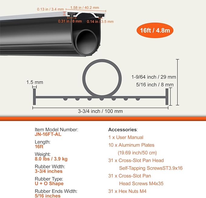 VEVOR Garage Door Seals Bottom Rubber, U Shape +O Ring Combination Garage Door Weather Stripping with Pre-drilled Aluminum Track Retainer Kit, 5/16 inch T-Ends and 3 3/4 inch Width (16 Ft, Black)