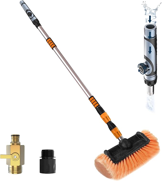 12FT Car Wash Brush with Long Handle, Car Cleaning Brush with 12 Inch Soft Bristle and Soap Dispenser, Solar Panels Cleaner with Telescoping Pole for RV, Truck, Boat, House Siding, Orange