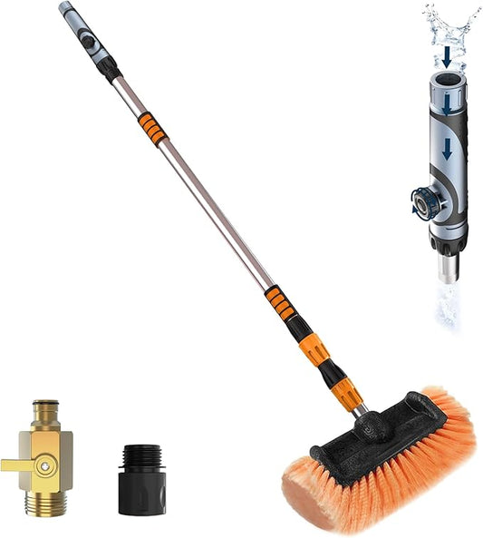 12FT Car Wash Brush with Long Handle, Car Cleaning Brush with 12 Inch Soft Bristle and Soap Dispenser, Solar Panels Cleaner with Telescoping Pole for RV, Truck, Boat, House Siding, Orange
