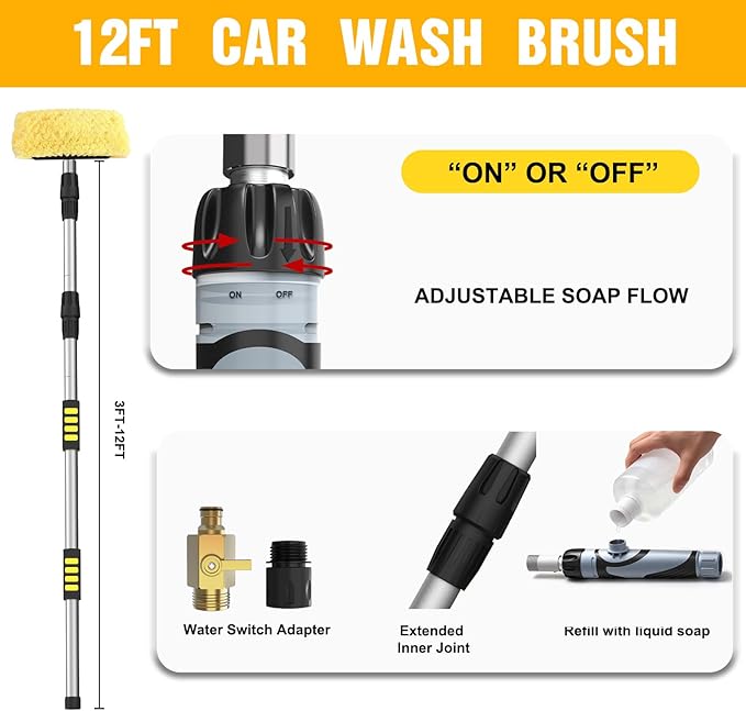 12FT Car Wash Brush with Long Handle, Car Cleaning Brush with 12 Inch Soft Bristle and Soap Dispenser, Solar Panels Cleaner with Telescoping Pole for RV, Truck, Boat, House Siding, Yellow