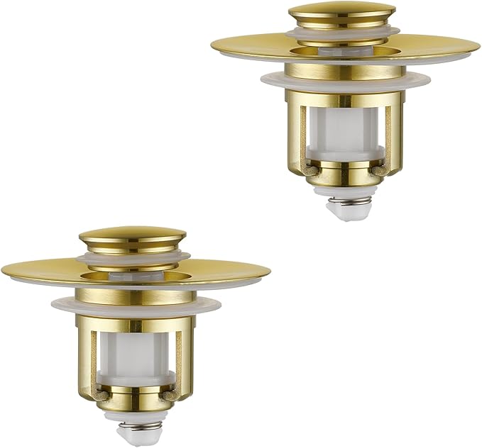Universal 2 in 1Bathroom Sink Stopper, 2 Pack Pop Up Bathroom Sink Drain Strainer for 1.06"-1.65" Basin Drain Holes, Anti Clogging Drain Filter (Gold(s)-2p)