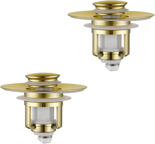 Universal 2 in 1Bathroom Sink Stopper, 2 Pack Pop Up Bathroom Sink Drain Strainer for 1.06"-1.65" Basin Drain Holes, Anti Clogging Drain Filter (Gold(s)-2p)