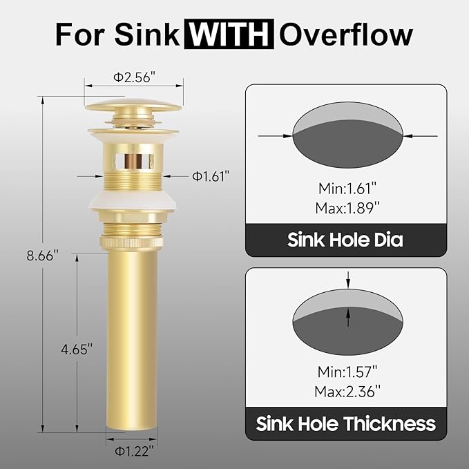Bathroom Sink Drain Stopper, Pop Up Drain Vessel Sink Assembly with Overflow, Brushed Gold