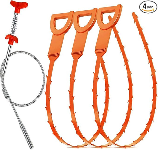 Drain Snake Hair Clog Remover – 20 Inch Plastic Sink Unclogger & Stainless Steel Claw - Drain Cleaner Tool for Kitchen, Bathroom, Tub Toilet Orange (3+1), Plungers for Clearing Blocked Drains