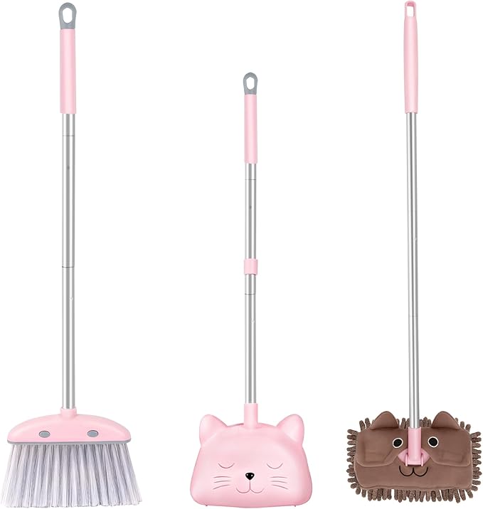28'' Kids Mini Broom with Dustpan & Mop Set - Toddler Cleaning Toy, Toddler Household Helper, Parent-Child Interactive Play Cleaning Tool, Cute Cartoon Design, Small Safe Corner Broom (Pink)