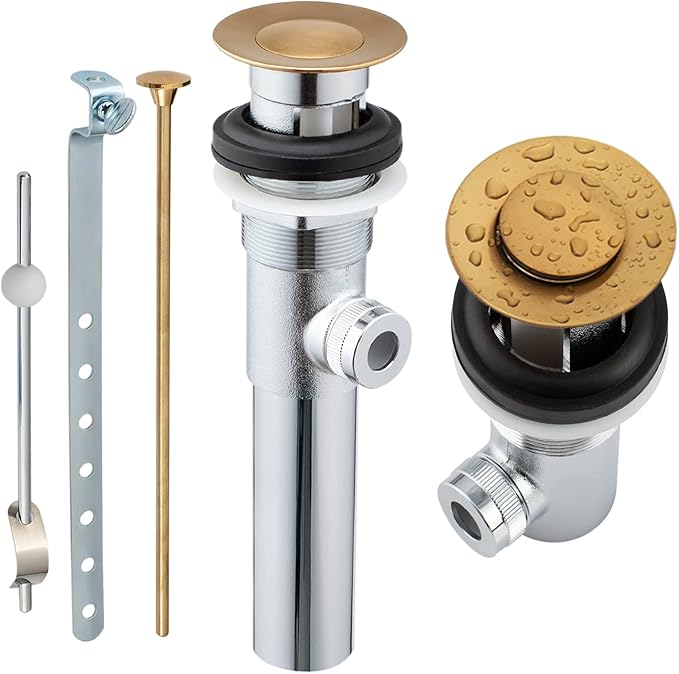 Artiwell Sink Pop-Up Drain Stopper Assembly with Lift Rod and Overflow, Solid Brass Lavatory Pop Up Drain Assembly for Bathroom Vanity Sink, All Brass Construction (Brushed Gold)