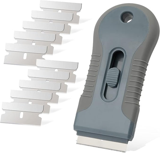EHDIS Car Sticker Remover Glass Cooktop Razor Scraper with 10pcs Replace Blades for Label,Glue,Paint,Adhesive Remover,Oven Door, Stove Cleaning (Grey)