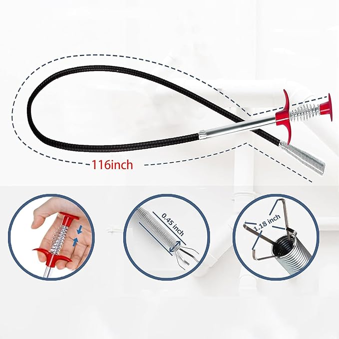 (116 inch) Drain Snake, Drain Clog Remover - Gutter Cleaning Tools Cleaner for Toilet Sewer Shower Kitchen Bathroom Tub Clogged Drains Opener Cleaning Tool, Flexible Grabber Claw Pick Up Reacher