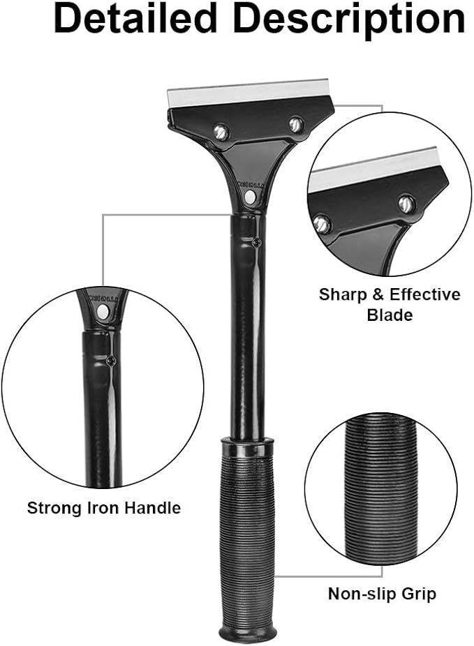 Razor Blade Scraper, 4-inch Heavy Duty Long-Handle Scraper for Wallpaper, Paint, Floor, Tile and Windows, Rubber Grip, Made in USA