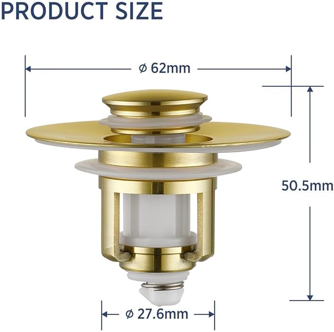 Universal 2 in 1Bathroom Sink Stopper, 2 Pack Pop Up Bathroom Sink Drain Strainer for 1.06"-1.65" Basin Drain Holes, Anti Clogging Drain Filter (Gold(s)-2p)