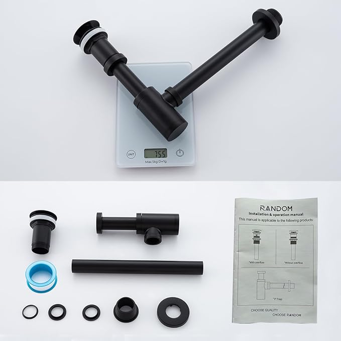 RANDOM Black Brass Bottle P Trap Kit Contemporary Round Bottle P-Trap 1 1/4 with Pop Up Drain With Overflow Matte Black.83888MB-S6