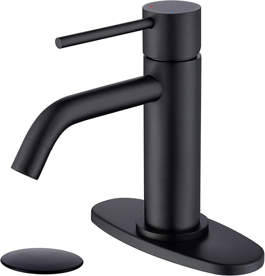 Matte Black Bathroom Faucet Single Hole, JXMMP Single Handle Bathroom Sink Faucets with Pop Up Drain and 6 inch Deck Plate and cUPC Water Supply Hose