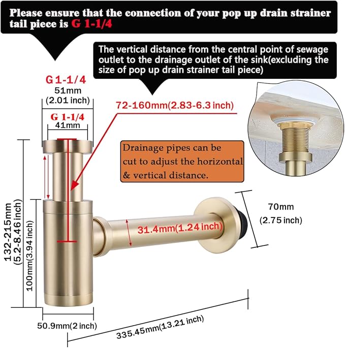 RANDOM Brass Contemporary Round Bottle P Trap 1 1/4,Basin Sink Waste Drain P Trap Kit (Brushed Gold)