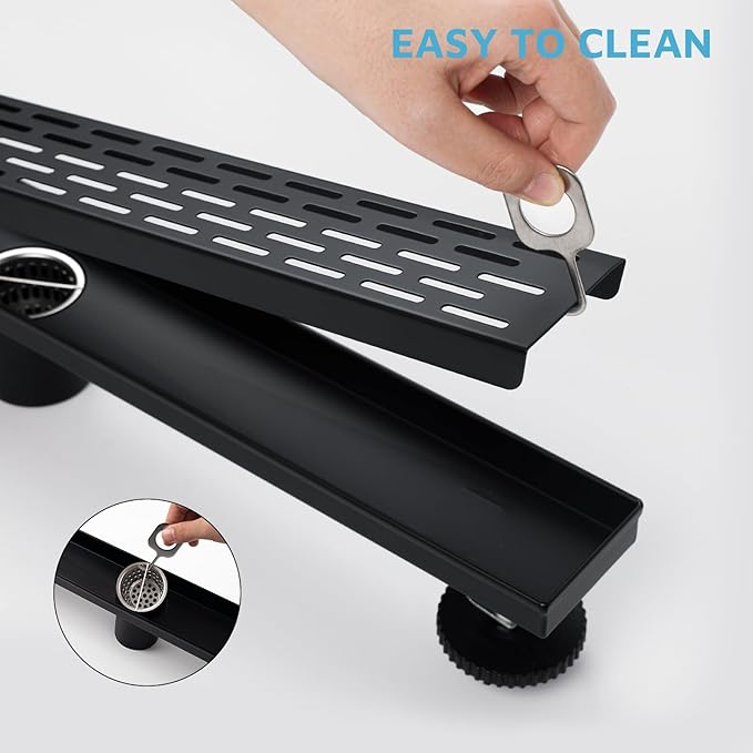 24 Inch Linear Shower Drain Matte Black, Rectangular Shower Floor Drain Kit 304 Stainless Steel, Removable Brick Pattern Grate, Hair Catcher, Leveling Feet