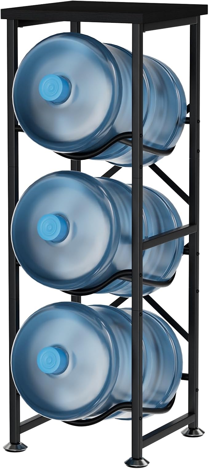 5 Gallon Water Jug Holder, 3-Tier Water Bottle Holder with Wood Top Shelf, Heavy Duty Water Cooler Jug Rack, Storage Stand for Kitchen Office and Living Room, Black
