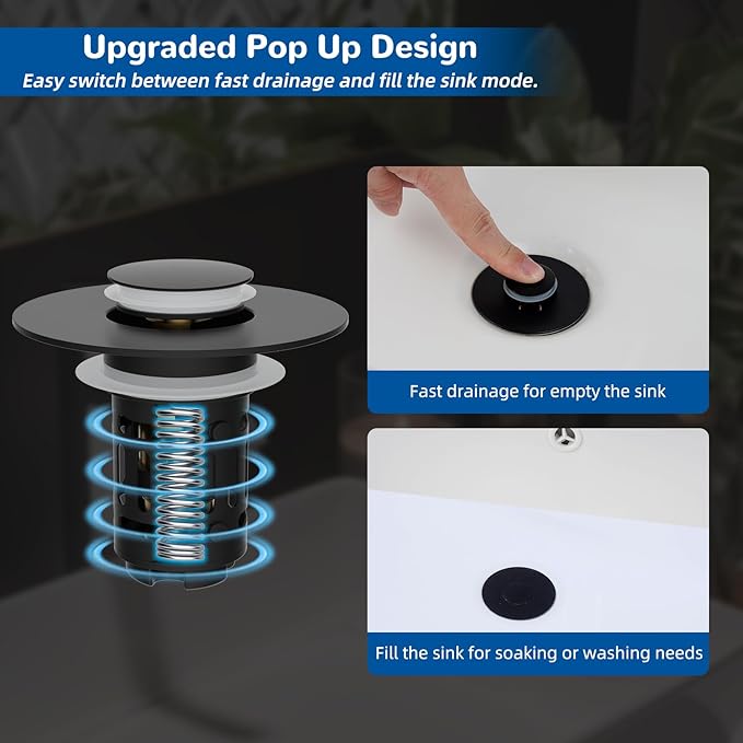 Hibbent 2 Pack 3 in 1 Bathroom Sink Drain Strainer, Universal Pop Up Stopper with Removable Stainless Steel Filter Basket Hair Catcher, Sink Plug for 1.1''~2.36'' Basin, Brass Bullet Core, Matte Black