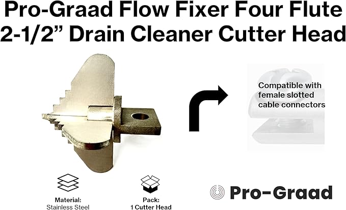 2-1/2” Spear 4 Flute Flow Fixer Drain Cleaner Plumbing Snake Cutter Head for 3” – 4” Pipes, Clears & Scrapes Inner Walls, Fits 3/8” 1/2" or 9/16” Cables, Commercial & Residential Use