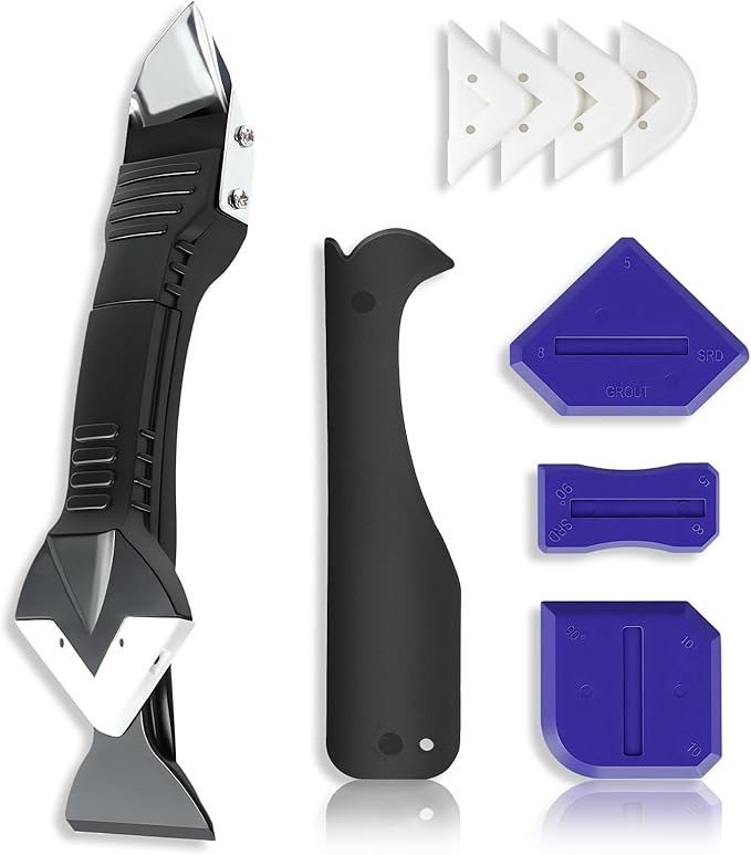 MORROWIND Silicone Caulking Tool Kit, 3 in 1 Caulk Remover, Grout Removal Scraper and Sealant Finishing Tool, Glass Glue Angle Scraper for Floor Window Sink Joints Bathroom Kitchen (Black)