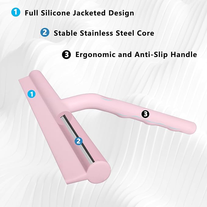 Silicone Shower Squeegee for Glass Doors Window Squeegee for Walls, Sink, Mirror, Bathroom, Car Window Cleaning - Pink