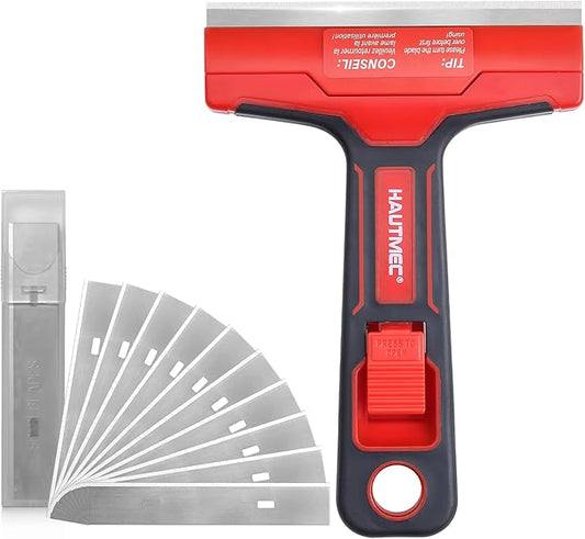 HAUTMEC Razor Blade Scraper Tool, 4" Wider Scraper Tool with 20 Extra Carbon Steel Blades, Razor Scraper for glass scraper, Adhesive, Label, Sticker from Window, Glass, Tile, Floor, Stove 25033
