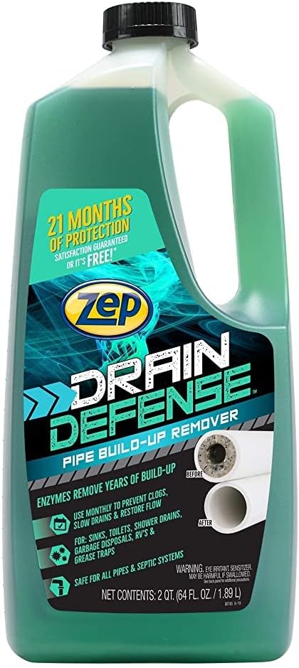 Zep Drain Defense Pipe Build-Up Remover - 64 Ounces - ZLDC648 & Drain Defense Enzymatic Drain Cleaner Powder - 18 Ounces - ZDC16 - Safe for Pipes